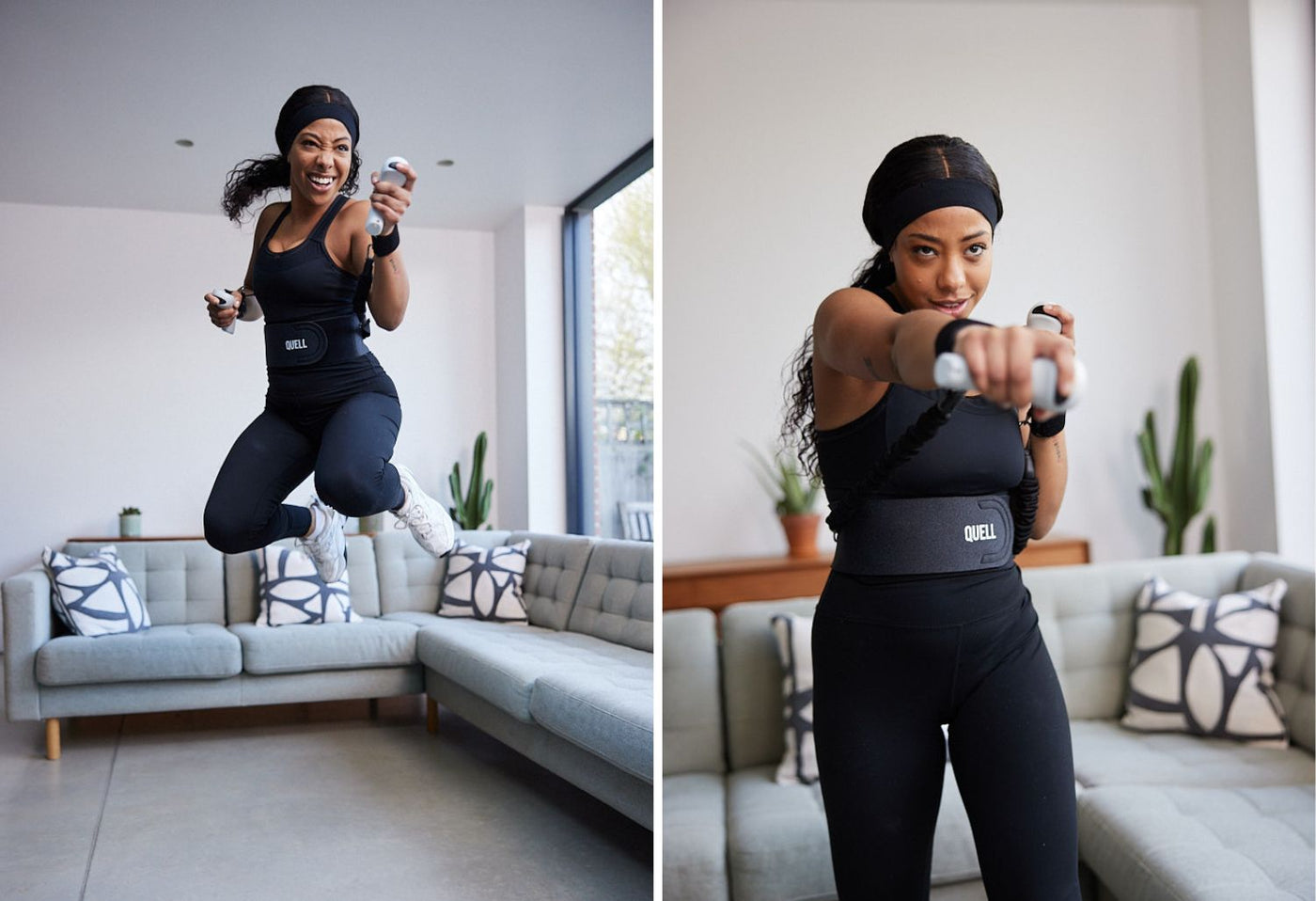 Quell Impact model picture jumping and ducking. Gaming while working out. 